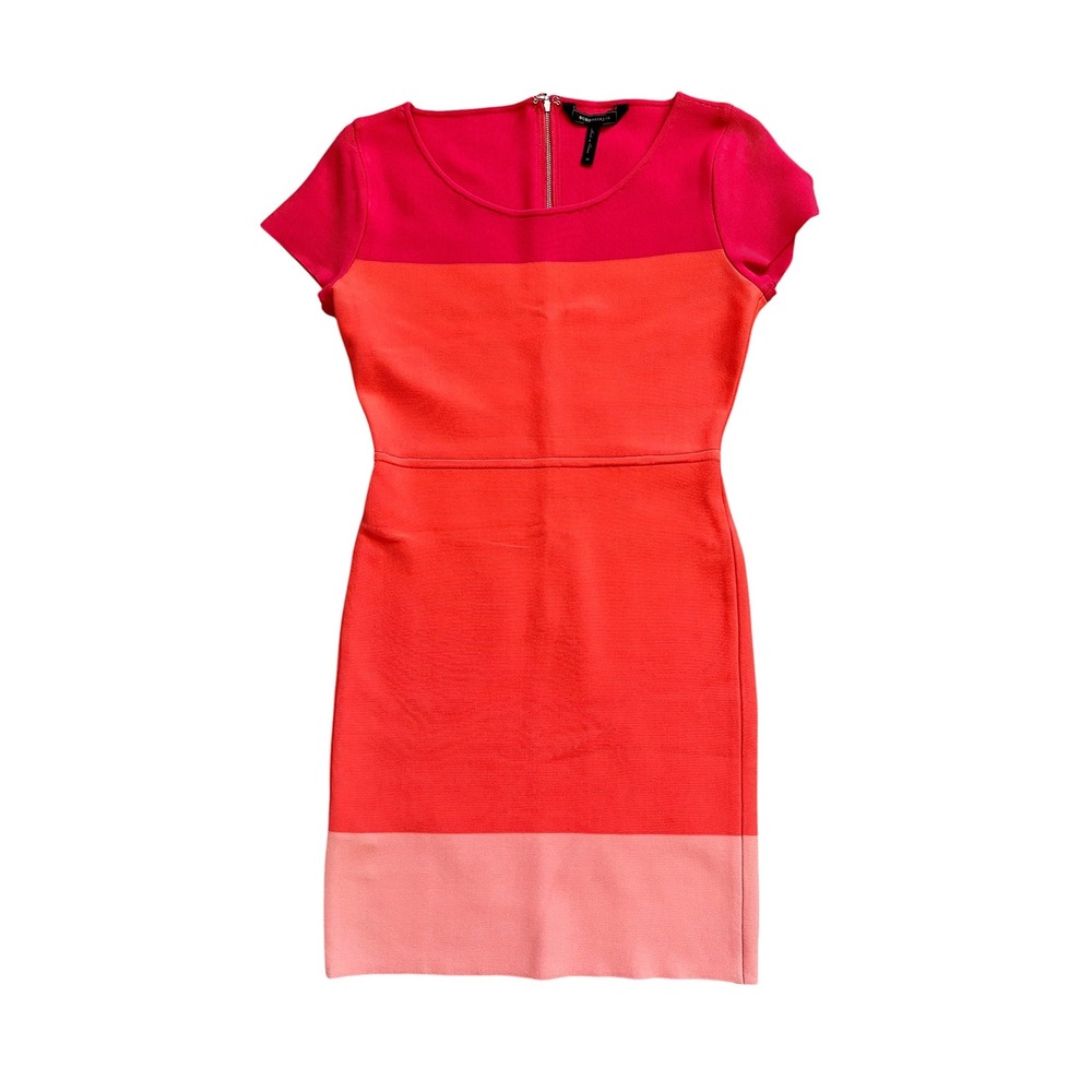 Retro BCBGMAXAZRIA Colorblock Bandage Dress M Pink Orange Bodycon Mini Zip Back - Picture 2 of 7